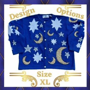 DESIGN OPTIONS Cardigan Sweater Celestial Moon Stars ~ Sz XL